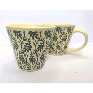 Vtg Roscher Ambiance Coffee Mugs Stoneware Green Cream Floral Leaves Cups